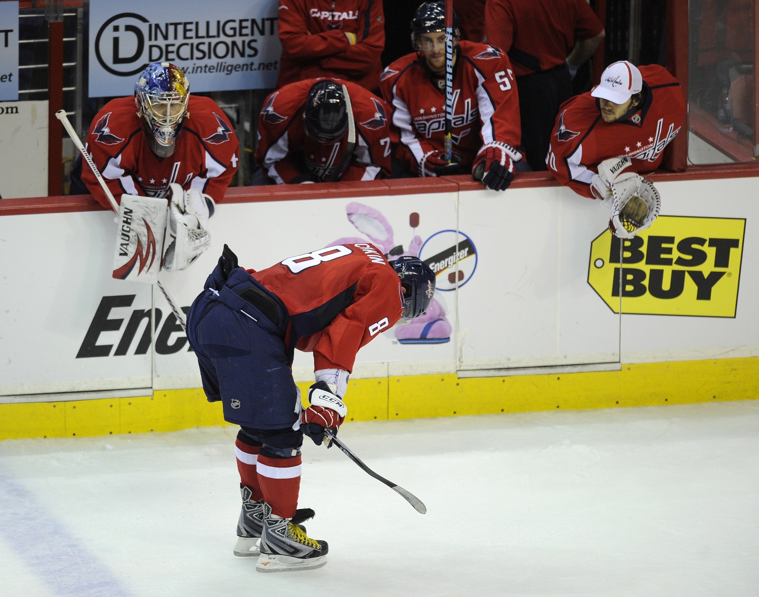 Washington Capitals left wing Alex Ovechkin (8), of Russia, skates with his head down after the Capitals lost to theMontreal Canadiens 2-1 in Game 7 of the NHL hockey playoff series, Wednesday, April 28, 2010, in Washington. (AP Photo/Nick Wass)