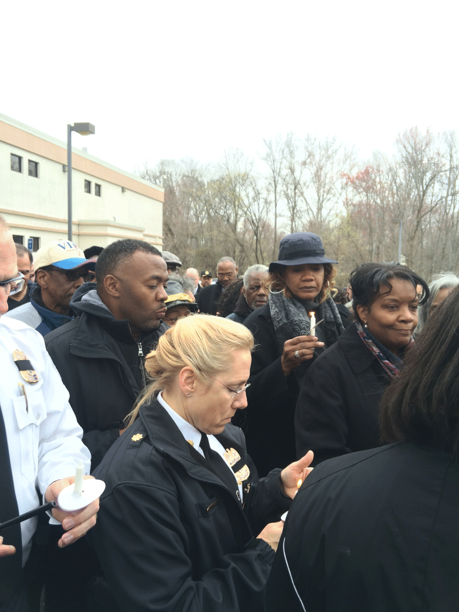 Prince George's County police held a vigil outside the District III police station in Landover, Md. to remember the life of fallen officer Jacai Colson, 28-year-old detective. (WTOP/Dick Uliano)