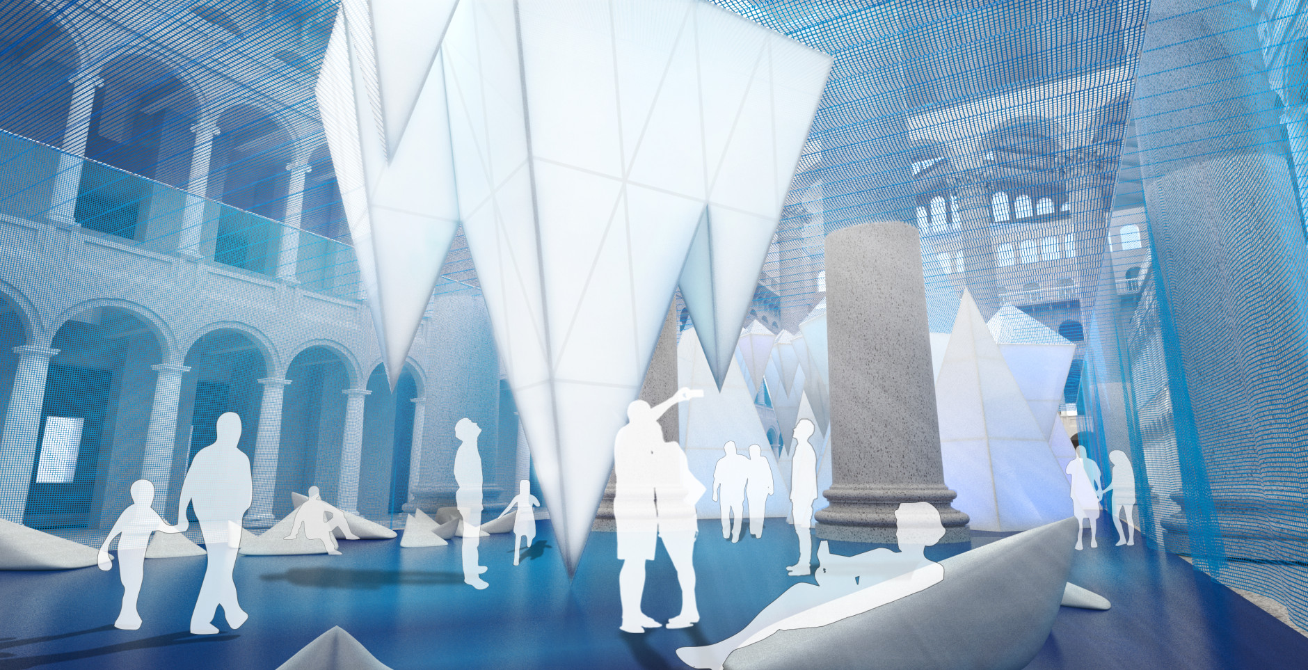 Visitors will be able to look down from the balcony into the display, and visitors on the ground floor can look up to the highest "iceberg", at 56 feet. (Courtesy of National Building Museum)