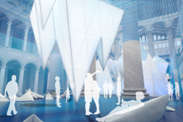 Visitors will be able to look down from the balcony into the display, and visitors on the ground floor can look up to the highest "iceberg", at 56 feet. (Courtesy of National Building Museum)