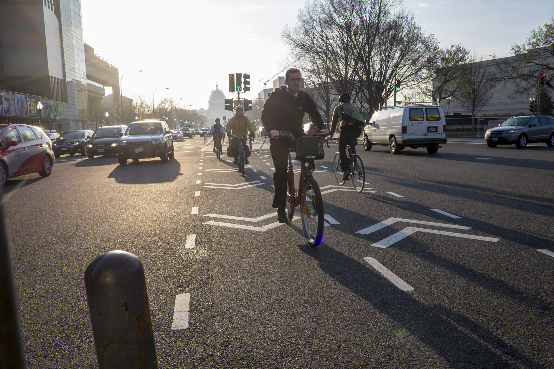 Commuters take advantage of bike paths in the city amid the Metorail shutdown. (Photo by Pete Marovich/Getty Images)