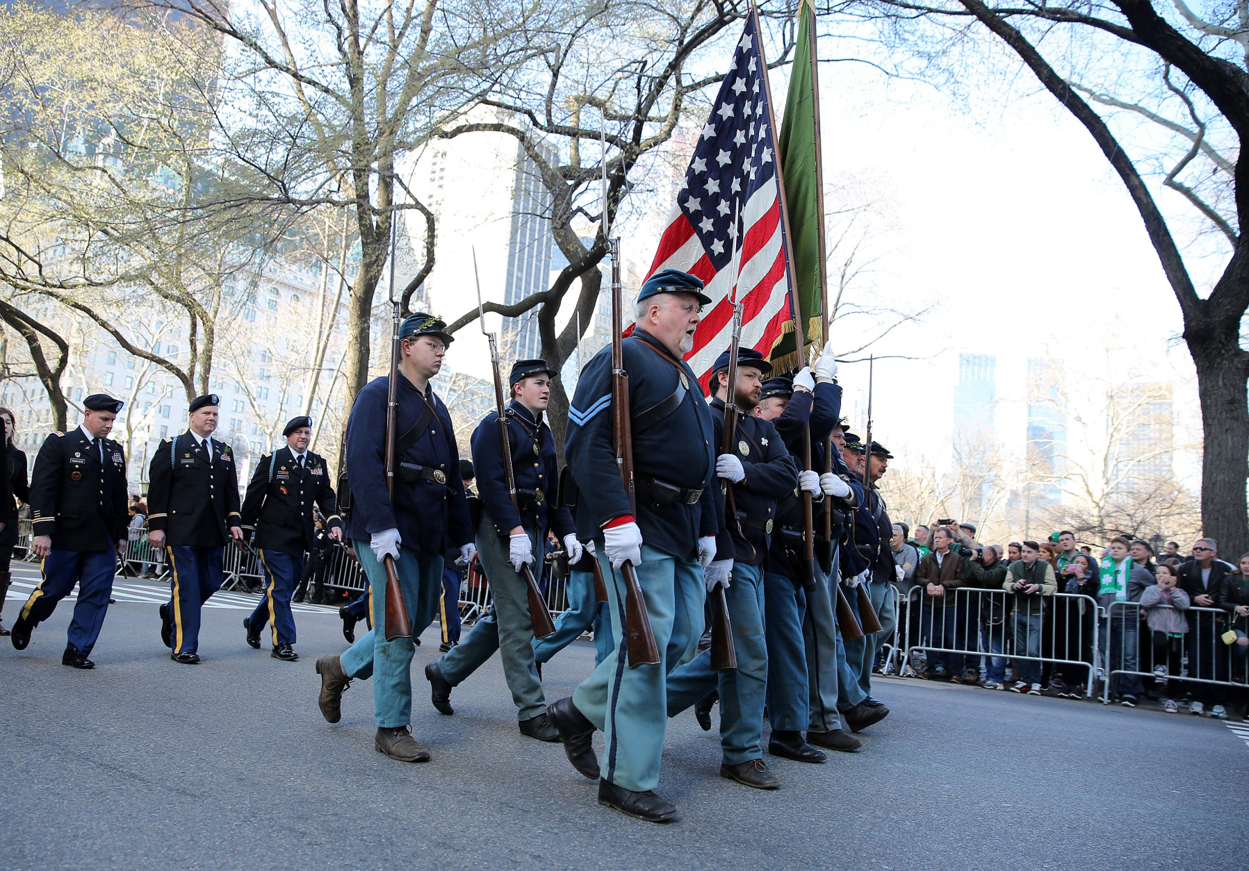 NEW YORK, NY - MARCH 17:  Members of the 69th Infantry Regiment march in the 255th annual St. Patricks Day Parade along Fifth Avenue in New York City on March 17, 2016 in New York City.  (Photo by Jemal Countess/Getty Images)