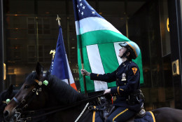 NEW YORK, NY - MARCH 17: Members of the New York City Mounted Police ride horseback at the 255th annual St. Patricks Day Parade along Fifth Avenue in New York City on March 17, 2016 in New York City. (Photo by Jemal Countess/Getty Images)