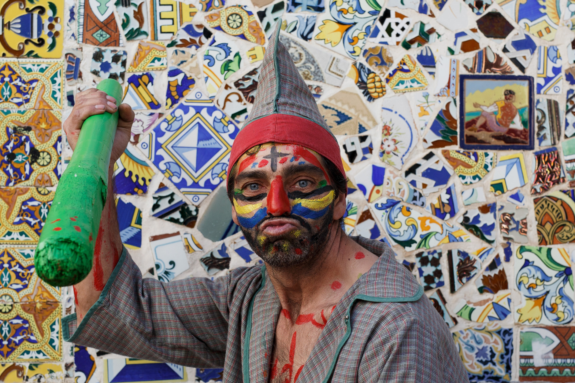 An actor representing a 'Judio' poses for a portrait before taking part in 'La Judea' during a Holy Friday procession on March 25, 2016 in Cuevas del Almanzora, in Almeria province, Spain. Certain families of Cuevas del Almanzora have kept this tradition alive for more than a hundred years. Men wearing costume hold a wood maze representing 'los Judios' (the Jewish) pretend to beat and pullÊ 'El Senor' who represents Jesus Christ around the village as he holds a cross on his back. Spain celebrates holy week before Easter with processions in most Spanish towns and villages. (Photo by Pablo Blazquez Dominguez/Getty Images)