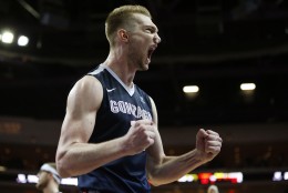 Gonzaga forward Domantas Sabonis celebrates as his team leads Saint Mary's with seconds left in an NCAA college basketball game for the West Coast Conference men's tournament championship Tuesday, March 8, 2016, in Las Vegas. Gonzaga won 85-75. (AP Photo/John Locher)