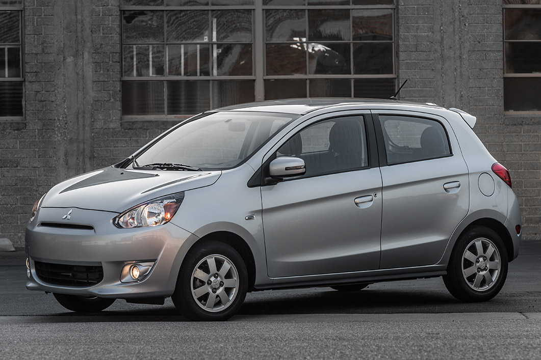 The Lowest-Rated Subcompact: The Mitsubishi Mirage
Consumer Reports called this a "tiny, tinny car," adding that the "weak, vibrating three-cylinder engine" delivers "sluggish acceleration and a raspy chorus of lament." (Mitsubishi)