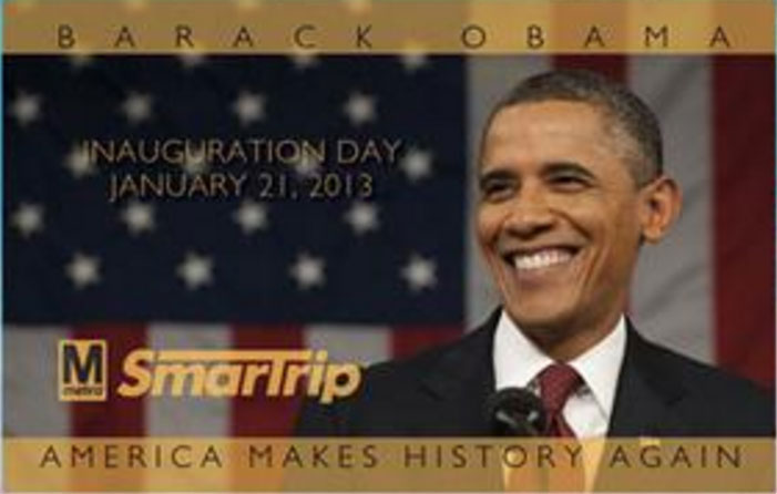 The commemorative SmarTrip card for President Obama's second inauguration, in 2013. (WMATA)