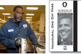 The one-day pass celebrating the 2009 inauguration of President Obama. At left, Metro employee Charles Legrand loads the passes into a machine. (WMATA)