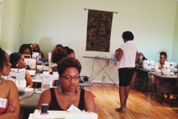 


At Sip & Sew events, beginners learn to make a basic garments, like skirts and pants, with the extra help of wine. The events are held throughout the D.C. region. (Courtesy Sip & Sew DC)
