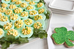 Deviled eggs are a go-to for starting off St. Patrick's Day with something delicious and festive. You can stick with a traditional recipe, or as <a href="http://www.foodjimoto.com/2013/03/st-patricks-day-deviled-eggs.html">Foodjimoto.com</a> suggests, add green food coloring to your egg whites. (Courtesy Karolyn Fujimoto/Foodjimoto.com)