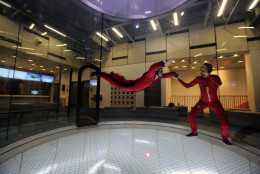 WTOP's John Aaron tries out the flight chamber at iFLY, a new indoor skydiving facility in Ashburn, Virginia. (WTOP/John Aaron)