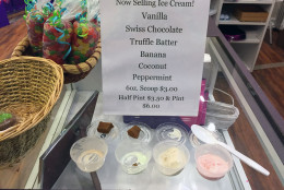 A price list in front of some ice cream samples that WTOP's Michelle Basch tried. She liked the peppermint. (WTOP/Michelle Basch)