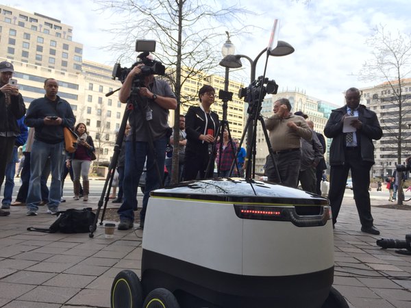 The robot has a range of one to two miles and can carry 20 to 25 pounds of cargo. (WTOP/Kristi King)