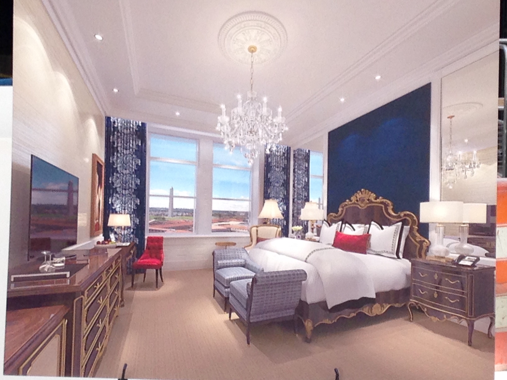 An artist's rendering of one of the luxury suites inside the hotel. The hotel did not make any completed suites available for photos. (WTOP/Megan Cloherty) 