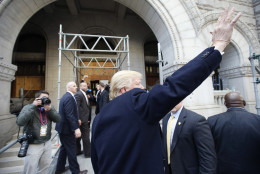 Republican presidential candidate Donald Trump waves to supporters after a campaign event at the Old Post Office Pavilion, soon to be a Trump International Hotel, Monday, March 21, 2016 in Washington. (AP Photo/Alex Brandon)