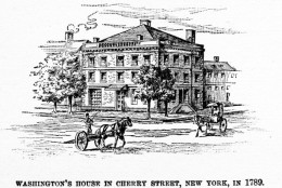 Illustration showing an exterior view of George Washington's house, known as the Samuel Osgood House or the Walter Franklin House, located on 1 Cherry Street, with carriage traffic at the intersection, in New York, 1789. Washington occupied the house while President, during the time that New York was the capital of the country. Published in Harper's Encyclopaedia of United States History, volume 10, 1912. (Photo by Interim Archives/Getty Images)