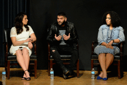 Katie Lowes, Guillermo Diaz, and Shonda Rhimes at the 'Scandal' discussion at UDC April 28, 2016. (Shannon Finney Photography)