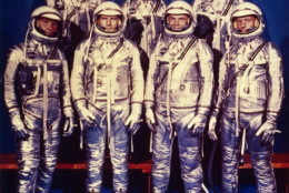 8th April 1959:  The seven astronauts of NASA's Mercury programme: Walter M Schirra, Deke Slayton, John Glenn Jnr, M Scott Carpenter, Alan B Shepard Jnr, Virgil I Grissom and Leroy Gordon Cooper Jnr.  (Photo by MPI/Getty Images)