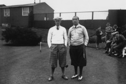 1929:  Captain of the American Ryder Cup team, Walter Hagen (1892 - 1969), with his British counterpart, George Duncan, at Leeds.  (Photo by Central Press/Getty Images)