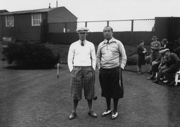 1929:  Captain of the American Ryder Cup team, Walter Hagen (1892 - 1969), with his British counterpart, George Duncan, at Leeds.  (Photo by Central Press/Getty Images)