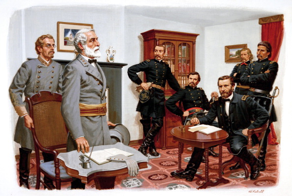 On April 9, 1865, Confederate Gen. Robert E. Lee surrendered his army to Union Lt. Gen. Ulysses S. Grant at Appomattox Court House in Virginia. (Illustration by Ed Vebell/Getty Images)