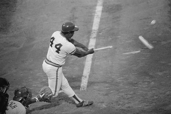 Brewers slugger Hank Aaron shatters his bat during second inning play of the 1975 All-Star Game at Milwaukee County Stadium in Milwaukee, Wisconsin.
