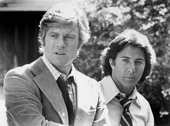 Robert Redford and Dustin Hoffman as Woodward and Bernstein, the reporters who broke the Watergate scandal, in All the President's Men.