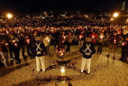 BLACKSBURG, VA - APRIL 16:  Corps of Cadets guards keep watch next to a ceremonial candle during a candlelight vigil on Virginia Tech's Day of Remembrance honoring the 32 people killed by Cho Seung-Hui April 16, 2008 in Blacksburg, Virginia.  Today is the one-year anniversary of the worst school shooting in US history.  (Photo by Mario Tama/Getty Images)