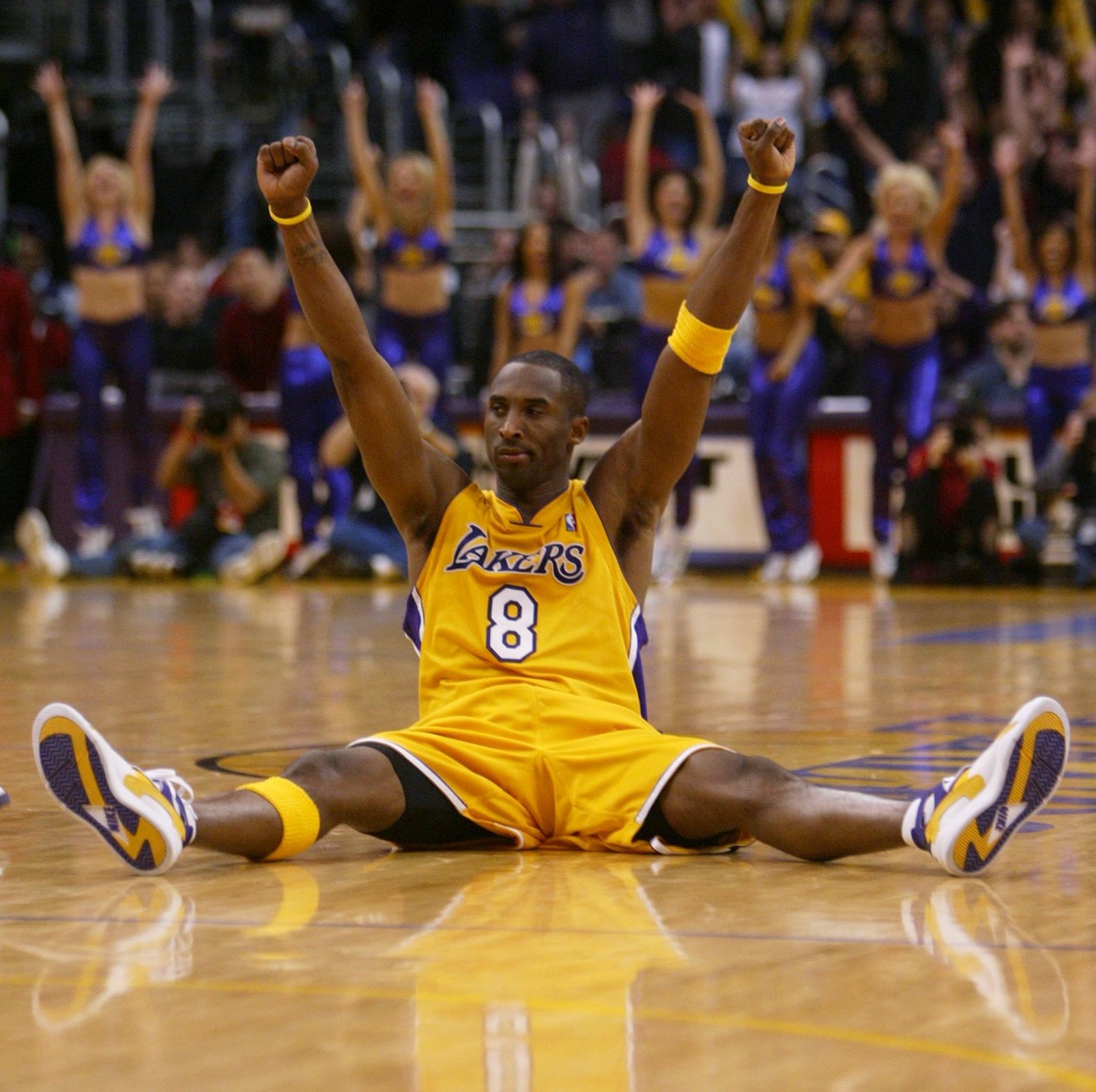 Los Angeles Lakers' Kobe Bryant reacts after hitting the game-winning basket in the Lakers' 101-99 win over the Denver Nuggets on Friday, Dec. 19, 2003, in Los Angeles. Bryant was in court for a pretrial hearing on his sexual assualt charge in Eagle, Colo., earlier Friday and missed the first quarter. (AP Photo/Chris Carlson)