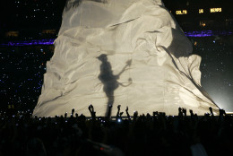 Prince is shown in silhouette as he performs during the halftime show at the Super Bowl XLI football game at Dolphin Stadium in Miami on Sunday, Feb. 4, 2007. (AP Photo/Alex Brandon)