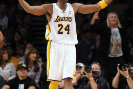 Los Angeles Lakers guard Kobe Bryant reacts to a foul call during the second half of Game 1 in the first round of the NBA basketball playoffs agains the Oklahoma City Thunder, Sunday, April 18, 2010, in Los Angeles. The Lakers won87-79. (AP Photo/Mark J. Terrill)