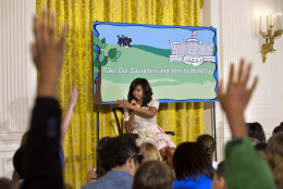 First lady Michelle Obama answers questions from the children of Executive Office employees, young people from Big Brothers Big Sisters of America, SchoolTalk, and the D.C. Child and Family Services Agency, during the annual Take Our Daughters and Sons to Work Day in the East Room of the White House in Washington, Wednesday, April 20, 2016. (AP Photo/Jacquelyn Martin)