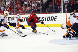 Washington Capitals left wing Alex Ovechkin (8), from Russia, prepares a shot that was then stopped by Philadelphia Flyers goalie Michal Neuvirth (30), from the Czech Republic, during the second period of Game 5 in the first round of the NHL Stanley Cup hockey playoffs, Friday, April 22, 2016, in Washington. (AP Photo/Alex Brandon)
