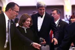 Secretary of State John Kerry, second from right, and his wife Teresa Heinz Kerry, second from left, arrive at the annual White House Correspondents' Association dinner at the Washington Hilton, in Washington, Saturday, April 30, 2016. (AP Photo/Susan Walsh)