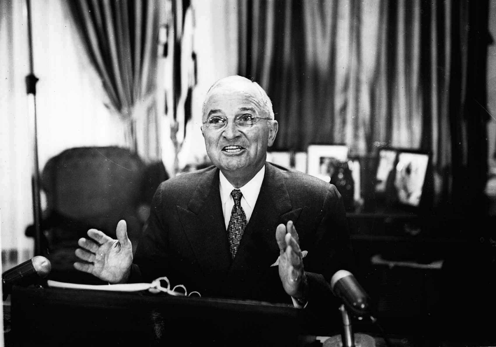 President Harry S Truman announces the government seizure of the steel industry on April 8, 1952.  His action came after the collapse in New York of union-industry negotiations designed to head off a strike of thousands of steelworkers on April 8. (AP Photo)