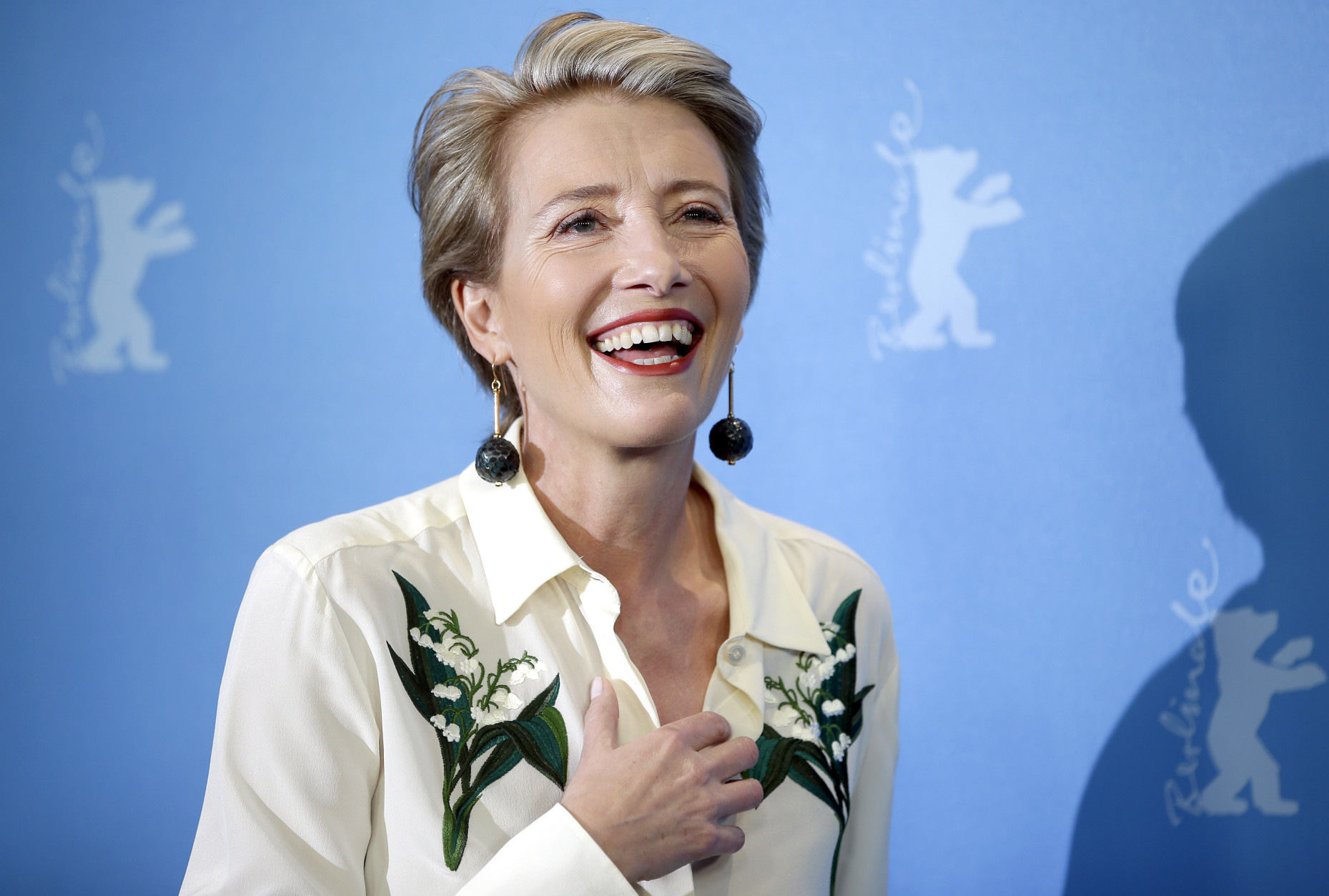 Actress Emma Thompson smiles during a photo call for the film 'Alone in Berlin' at the 2016 Berlinale Film Festival in Berlin, Germany, Monday, Feb. 15, 2016. (AP Photo/Michael Sohn)