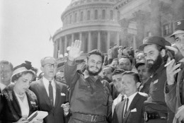 Fidel Castro, fresh from a visit to the Senate Foreign Relations Committee, poses in front of the Capitol today.  The 32-year-old Cuban Prime Minister paid an unheralded visit to the Capitol April 17, 1959 and chatted with members of the committee.  (AP Photo)