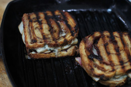 This March 2, 2015 photo shows grilled pear and blue cheese sandwich on cinnamon raisin bread in Concord, N.H. (AP Photo/Matthew Mead)