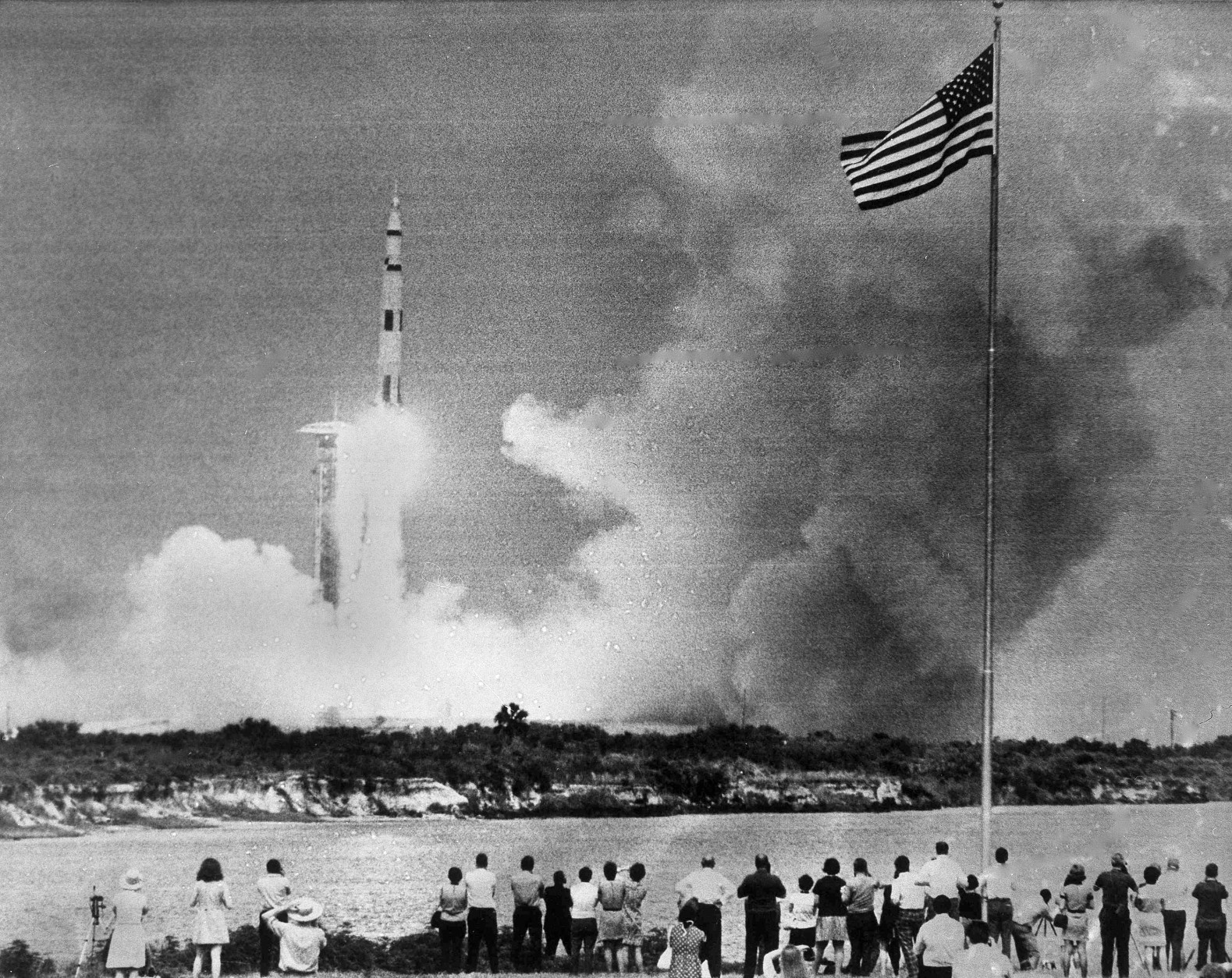 The huge Saturn rocket carrying the Apollo 13 spacecraft is on its moon mission, lifts off the launch pad at Cape Kennedy, Fla., April 11, 1970