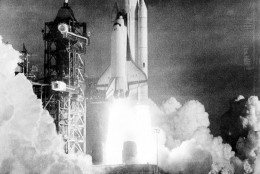 The Space Shuttle Columbia is lifted off the launch pad at Cape Canaveral, making the first flight of this reusable spacecraft, at Kennedy Space Center, Fla., Sunday, April 12, 1981.  (AP Photo/NASA)