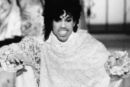 Rock star Prince is shown during his performance onstage during the telecast of the Grammy Awards, Feb. 27, 1985 in Los Angeles. He won or shared three awards, including Best Rock Performance by a Duo or Group With Vocals, with his band Revolution, for "Purple Rain"; Best Album of Original Score for TV or Movies, "Purple Rain"; and Prince took Writing Rhythm and Blues honors for "I Feel For You," recorded by Chaka Khan. (AP Photo/Liu Heung Shing)