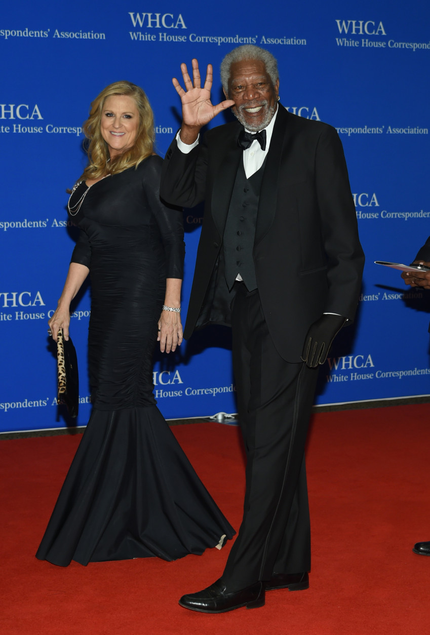 Lori McCreary, left, and Morgan Freeman arrive at the White House Correspondents' Association Dinner at the Washington Hilton Hotel on Saturday, April 30, 2016, in Washington. (Photo by Evan Agostini/Invision/AP)