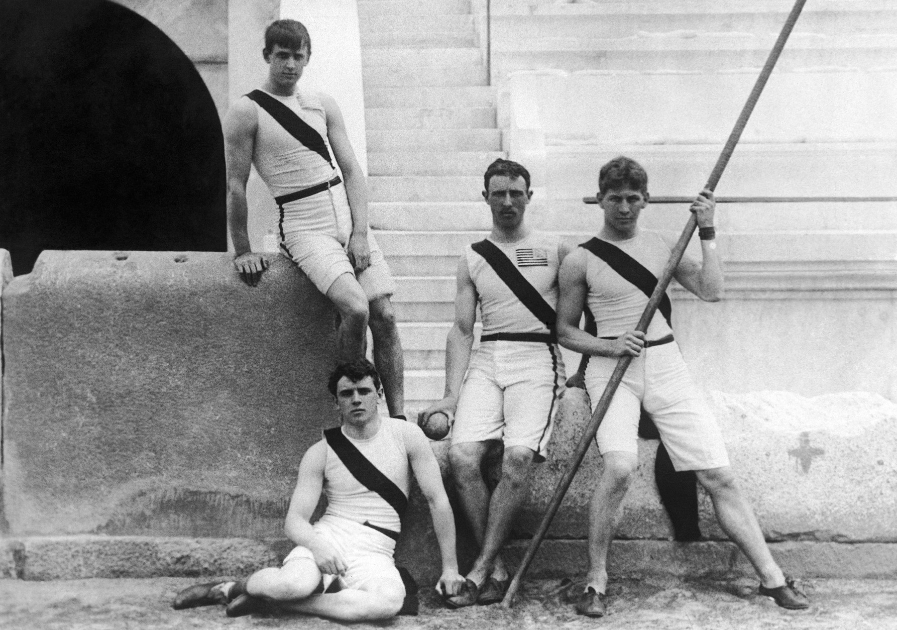 Members of the athletics team of the US Princeton University pose at the first modern International Summer Olympic Games held at the Panathinaiko Stadium in April 1896 in Athens, Greece. From left to right: Francis A. Lane, Herbert Jamison, Robert Garrett and Albert Tyler. (AP Photo)
