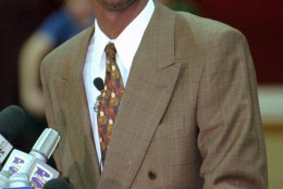 Lower Merion High School basketball star Kobe Bryant announces that he is foregoing college and will enter the NBA draft at a press conference in the school gym in Ardmore, Pa. Monday, April 29,1996 (AP Photo/Rusty Kennedy)