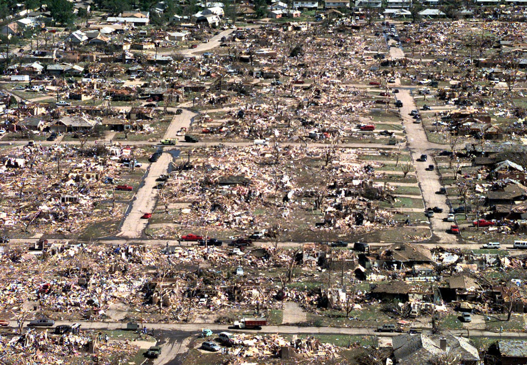 A leveled neighborhood is shown an aerial image above Dell City, Okla., Wednesday, May 5,  1999. The tornado that killed dozens of people and leveled whole communities this week was the deadliest in the state in five decades and the strongest to hit Oklahoma in 17 years, officials say. (AP Photo/LM Otero)