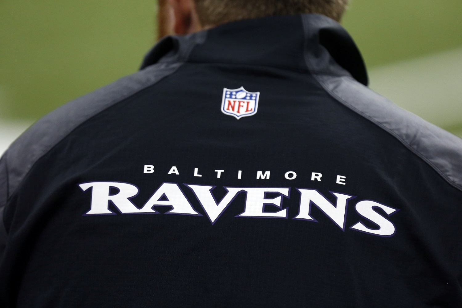 A Baltimore Ravens logo is seen on a jacket before an NFL preseason football game against the New Orleans Saints in New Orleans, Thursday, Aug. 28, 2014. (AP Photo/Rogelio Solis)