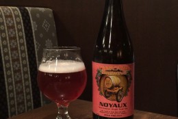 Cascade Noyaux Northwest Style Sour Ale is a blend of sour blond ales and is aged with apricot pits and fresh raspberries. (WTOP/ Brennan Haselton)