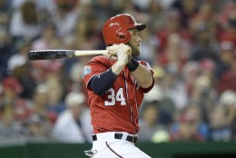 RETRANSMISSION TO CORRECT CITY TO WASHINGTON - Washington Nationals' Bryce Harper doubles during the fifth inning of an interleague exhibition baseball game against the Minnesota Twins, Friday, April 1, 2016, in Washington. The Nationals won 4-3. (AP Photo/Nick Wass)