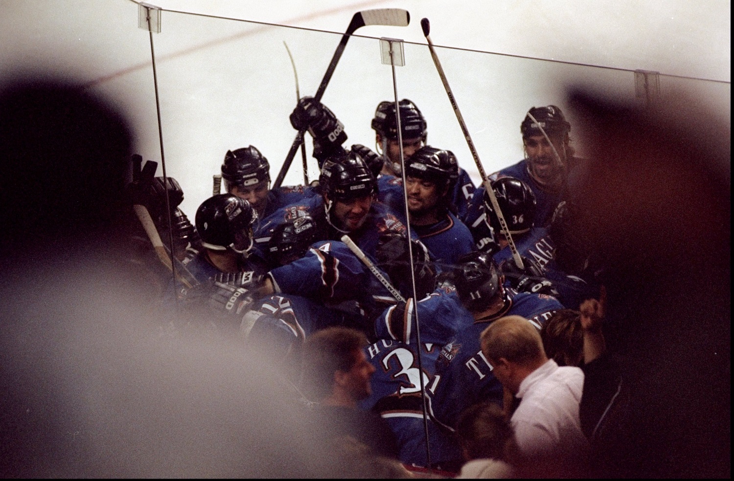28 May 1998: Players from the Washington Capitals celebrate during an Eastern Conference Finals playoff game against the Buffalo Sabres at the Marine Midland Arena in Buffalo, New York. The Capitals defeated the Sabres 4-3.