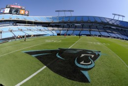 The Carolina Panthers logo is shown painted on the field at Bank of America Stadium prior to an NFL football game between the Carolina Panthers and the New York Giants in Charlotte, NC Sunday, Sept. 22, 2013. (AP Photo/Mike McCarn)
